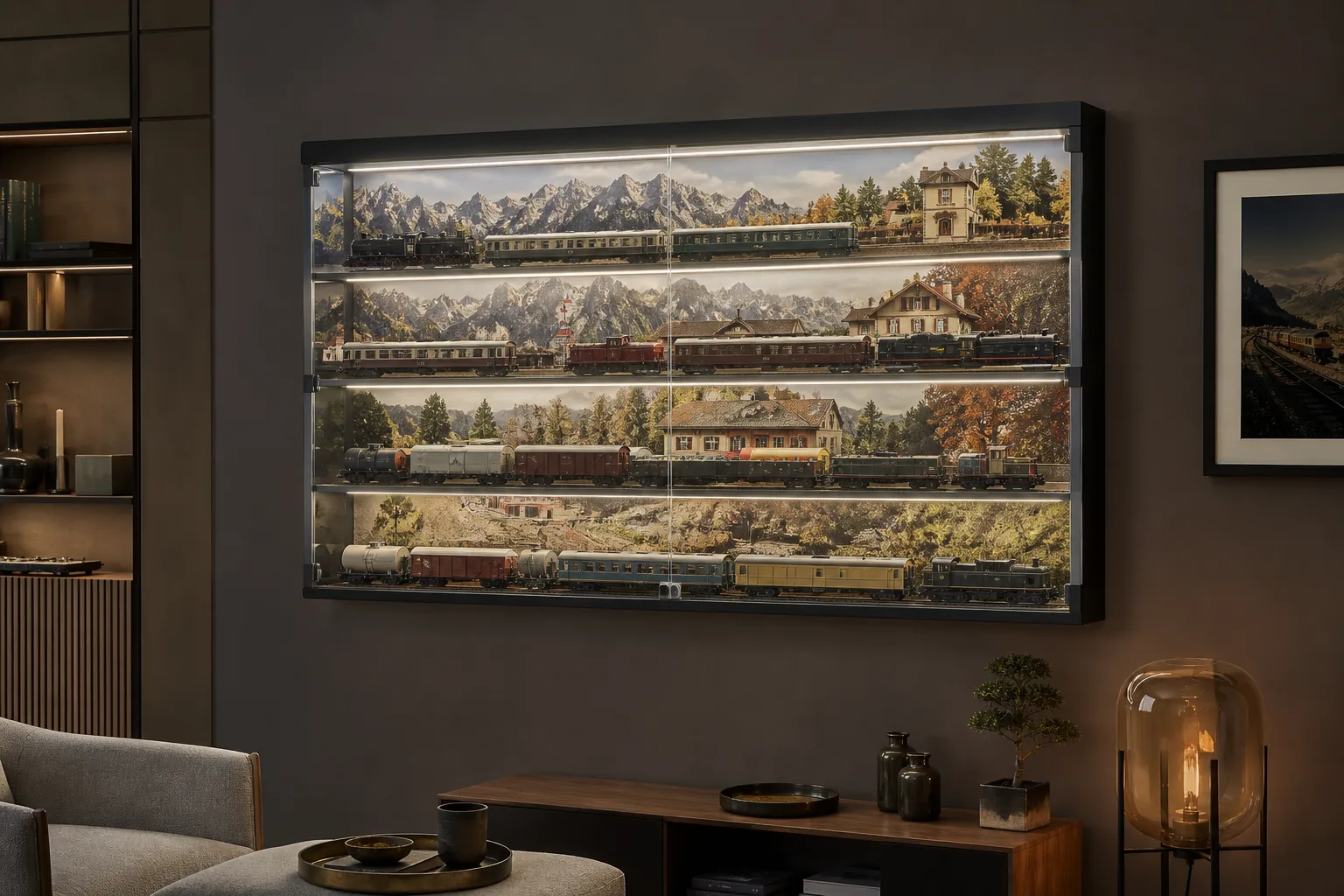 Projection conceptuelle d'une vitrine DécoTrain avec diorama